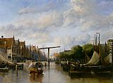 Canal Canvas Paintings - A Busy Canal in a Dutch Town